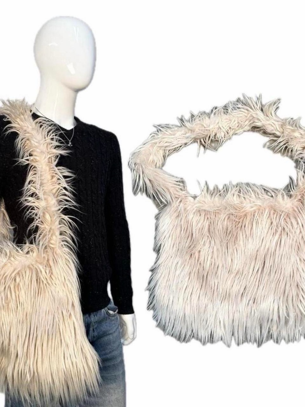 Cream Faux Fur Crossbody Tote Bag
